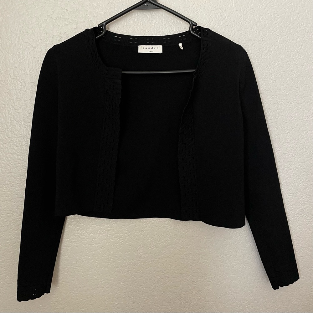 Sandro Cardigan Womens 0 Black Cropped Open Front Eyelet Trim Sweater Womens